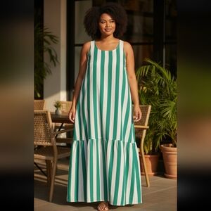EY Boutique Striped Maxi Dress Linen Blend Sleeveless Tiered Sundress SZ 1X